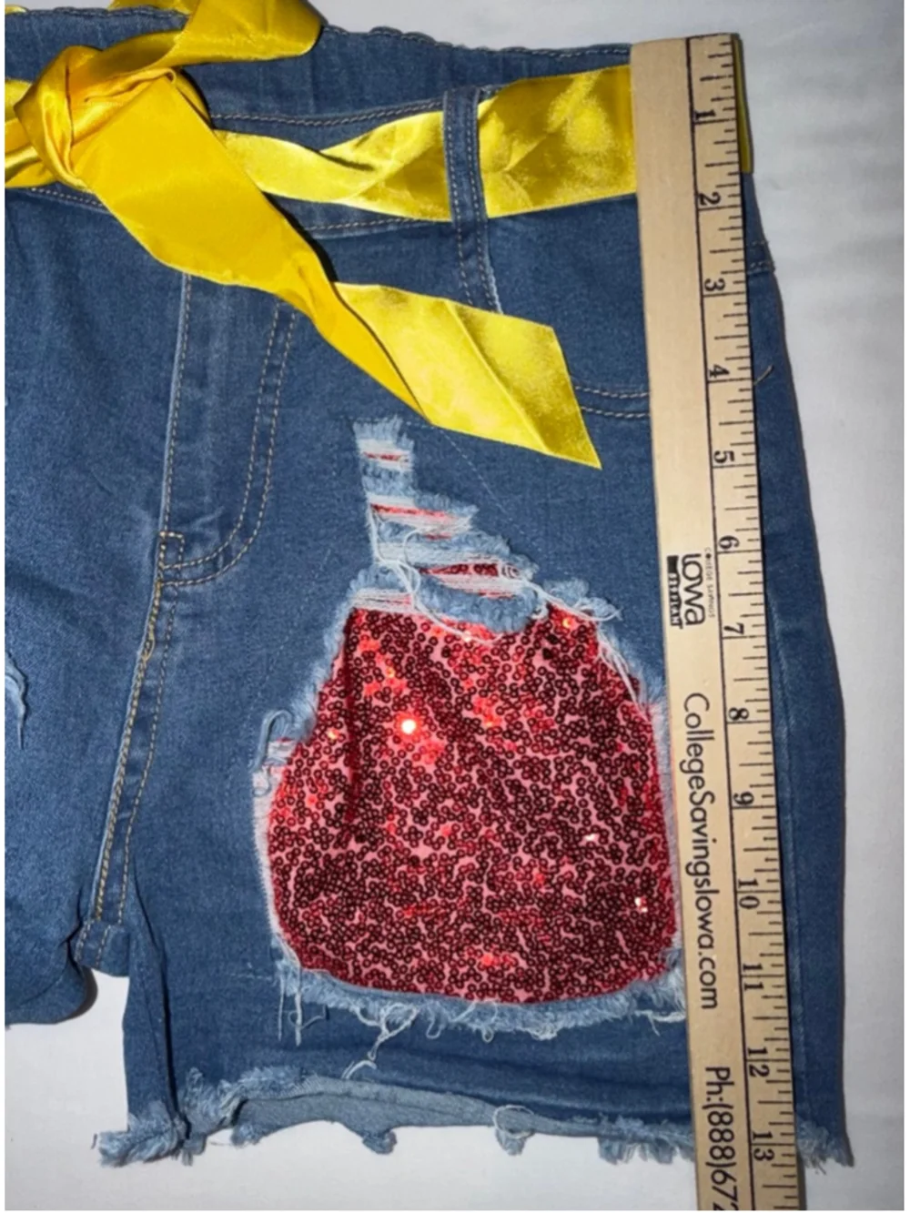 Girls L Distressed Sequin Denim Shorts Yellow Ribbon Belt Adjustable Waist Bling